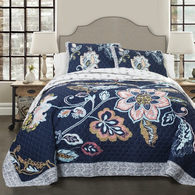 Lush Décor Aster Quilt Navy 3Pc Set, NAVY, hi-res image number 0