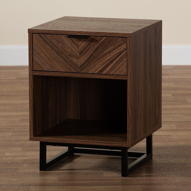 Sadia Modern Walnut Brown Finished Wood And Black Metal 1-Drawer End Table, , alternate image number null