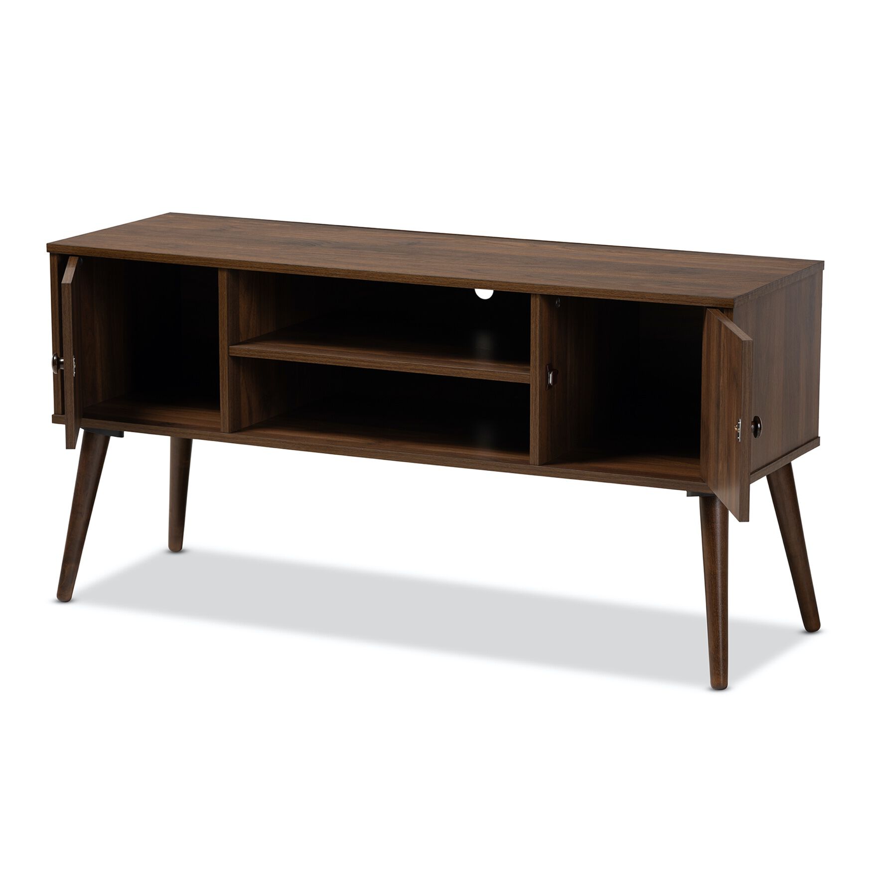 Alard Mid-Century Modern Walnut Brown Finished 2-Door Wood TV Stand, , on-hover image number 1