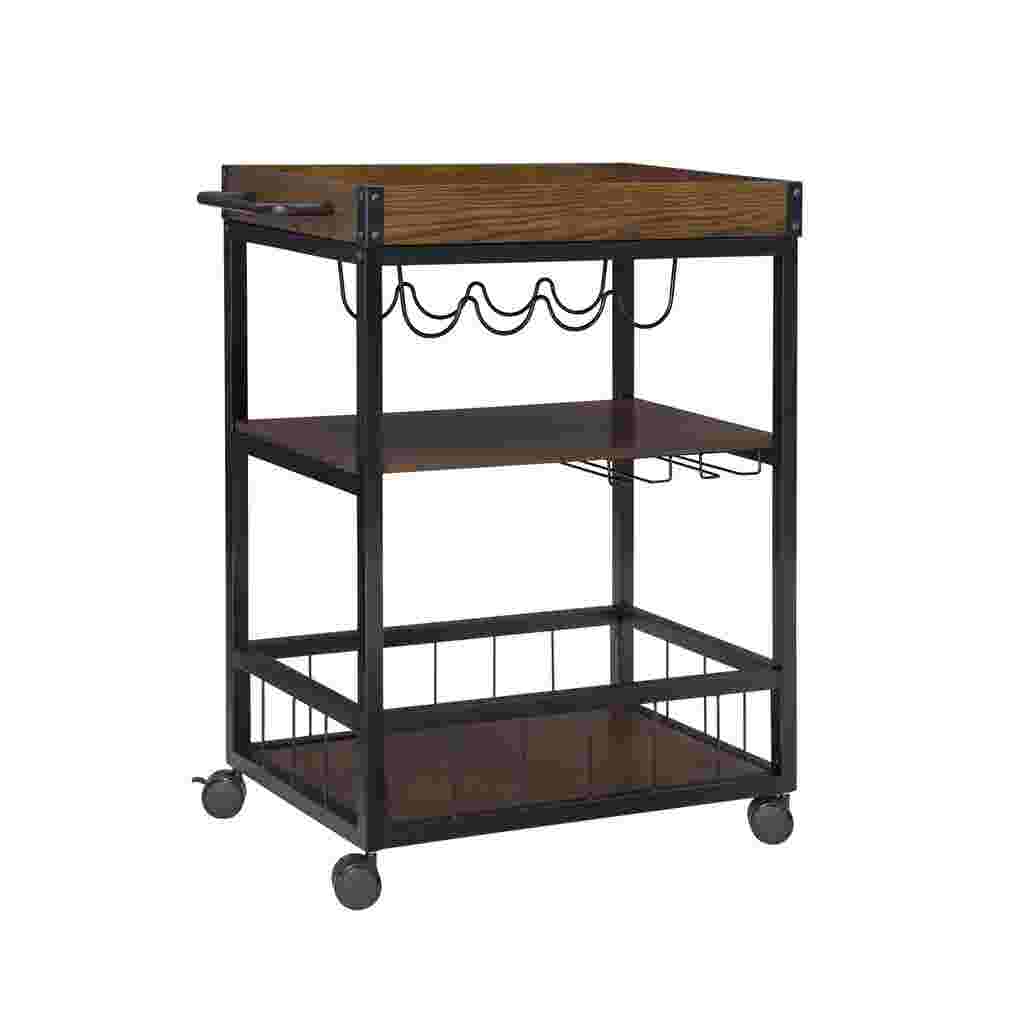 Austin Kitchen Cart with a wooden top and metal frame, featuring a wine glass holder and shelves, on a white background.