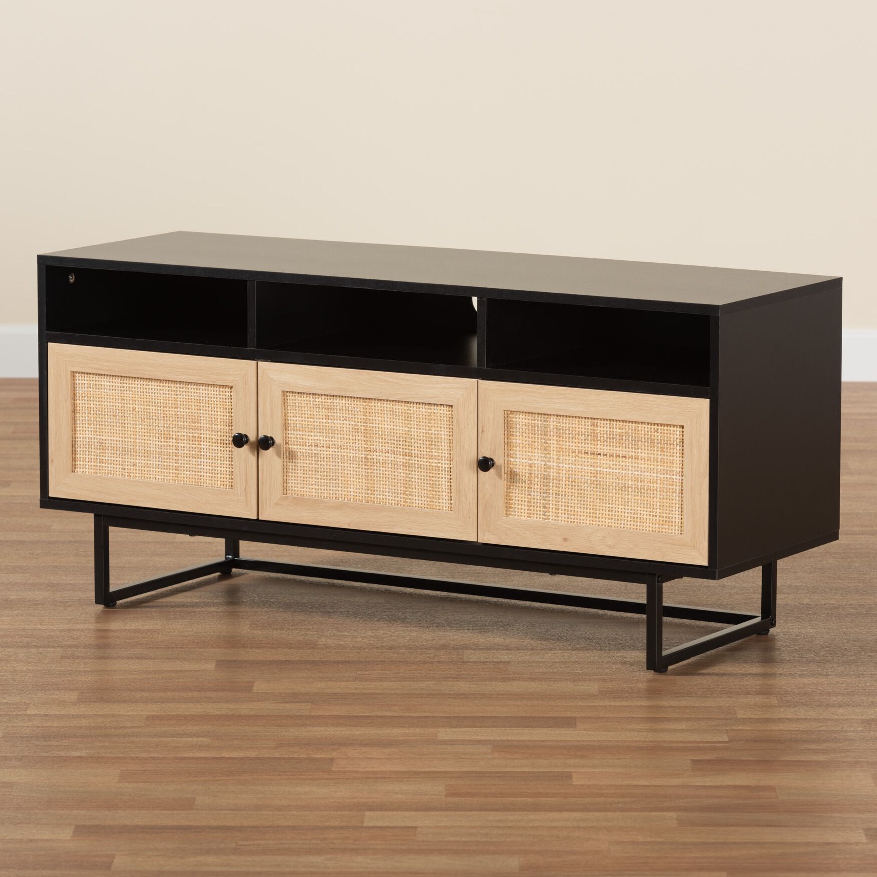Declan Mid-Century Modern Espresso Brown Finished Wood And Natural Rattan 3-Door Tv Stand, , alternate image number 8