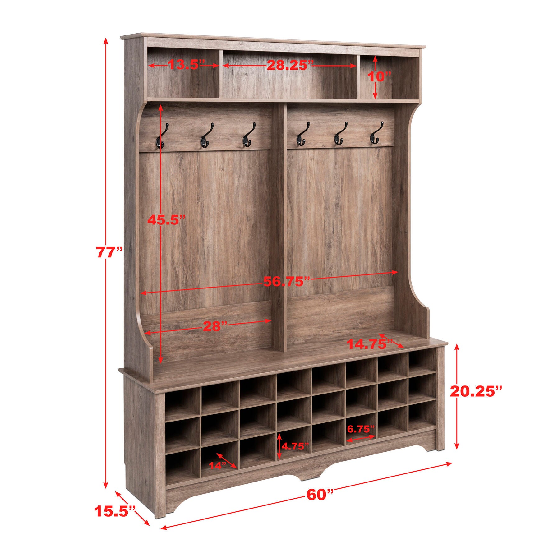Simple 60 Wide Hall Tree with 24 Shoe Cubbies Gray Brylane Home