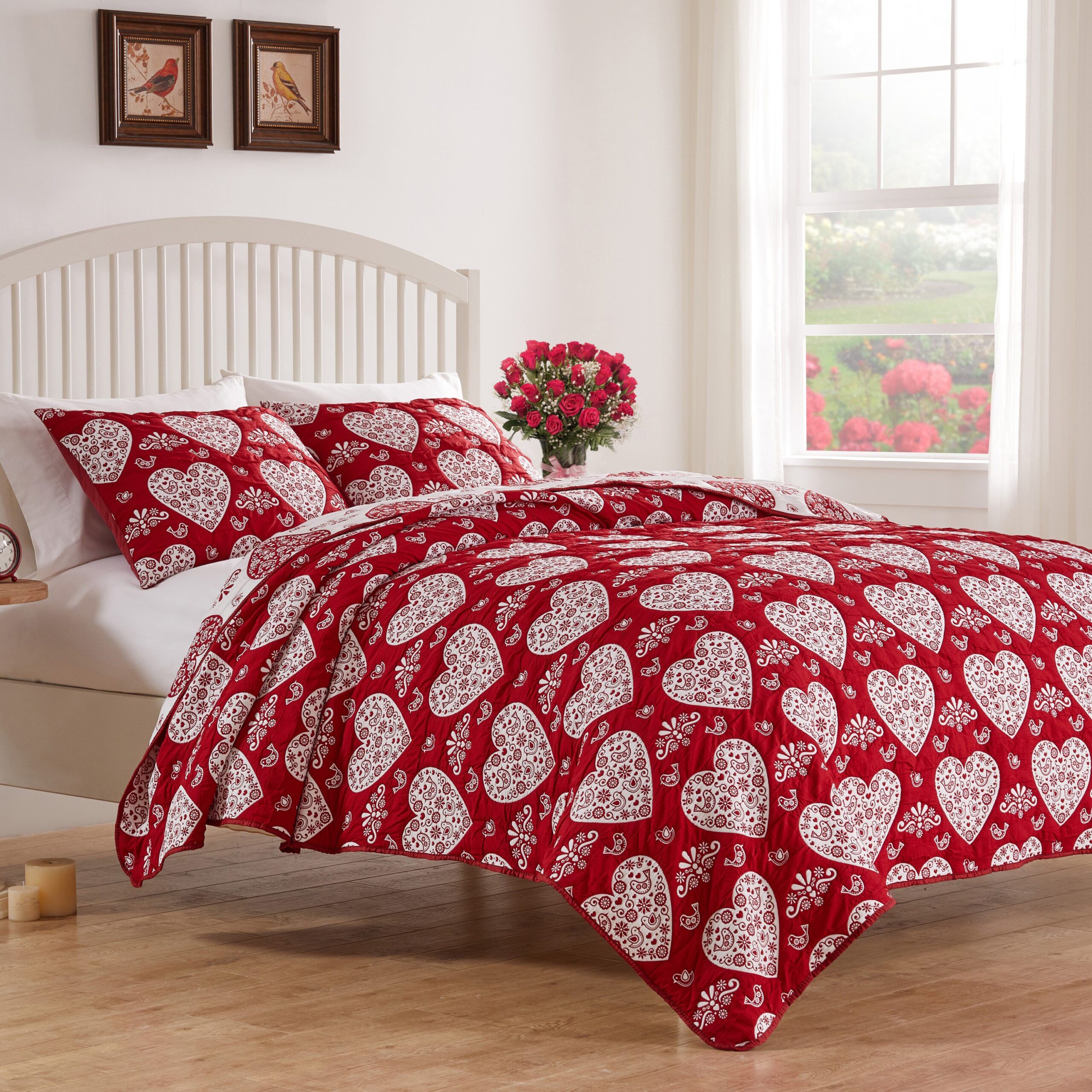 Lovebirds Romantic Hearts Matelassé Coverlet Set, RED, alternate image number 3