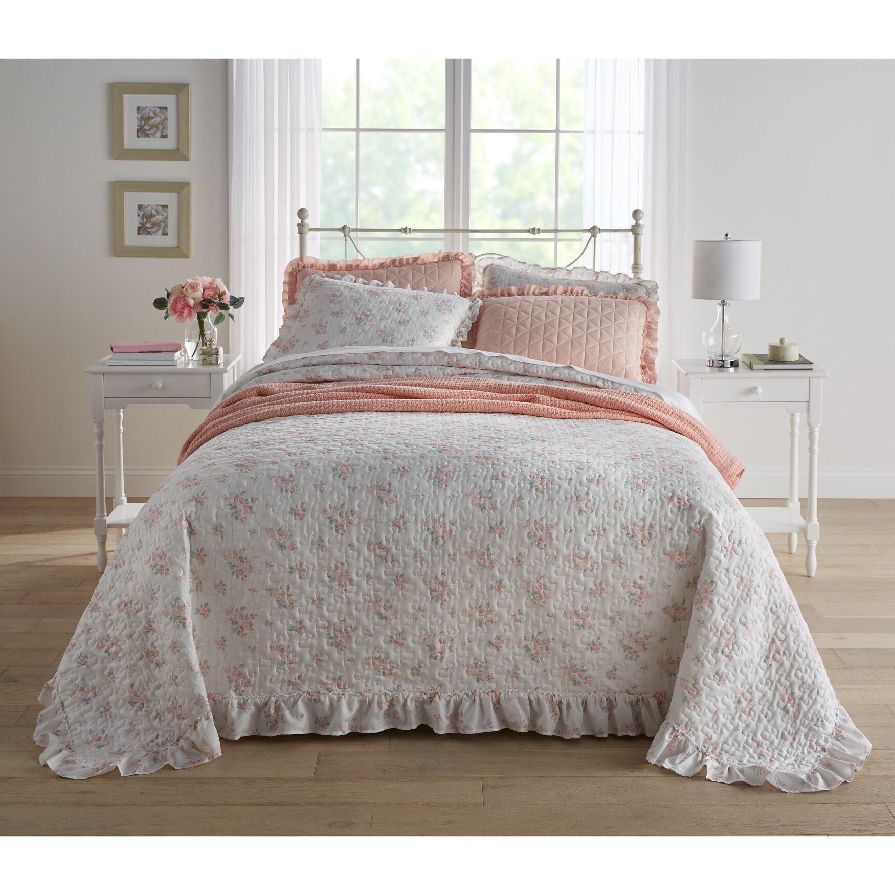 3-Pc. Printed Ruffle Bedspread Set, WHITE MULTI, hi-res image number 0