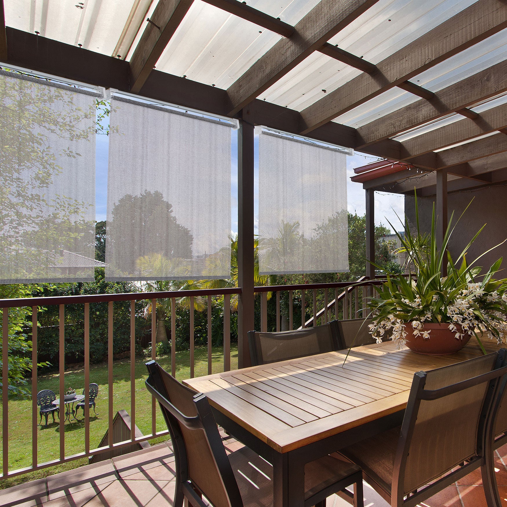 Exterior Cordless Push-Up HDPE Roller Shade, STONE, hi-res image number 0