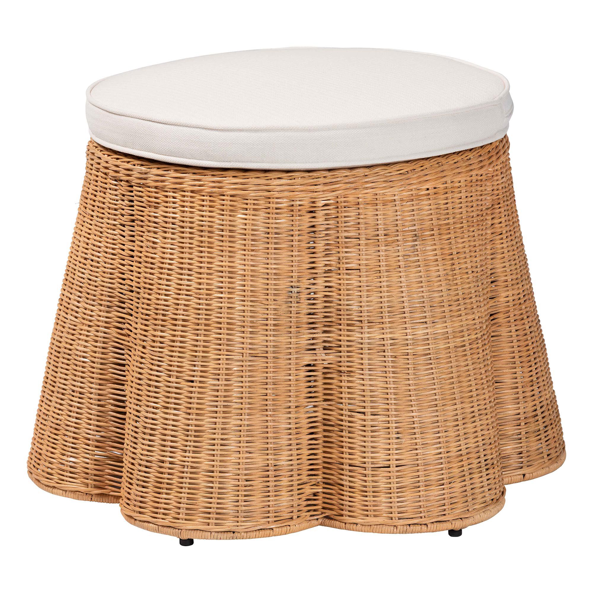 Palm Scallop Natural Rattan Ottoman, 26 inches Round, LIGHT HONEY, alternate image number 1