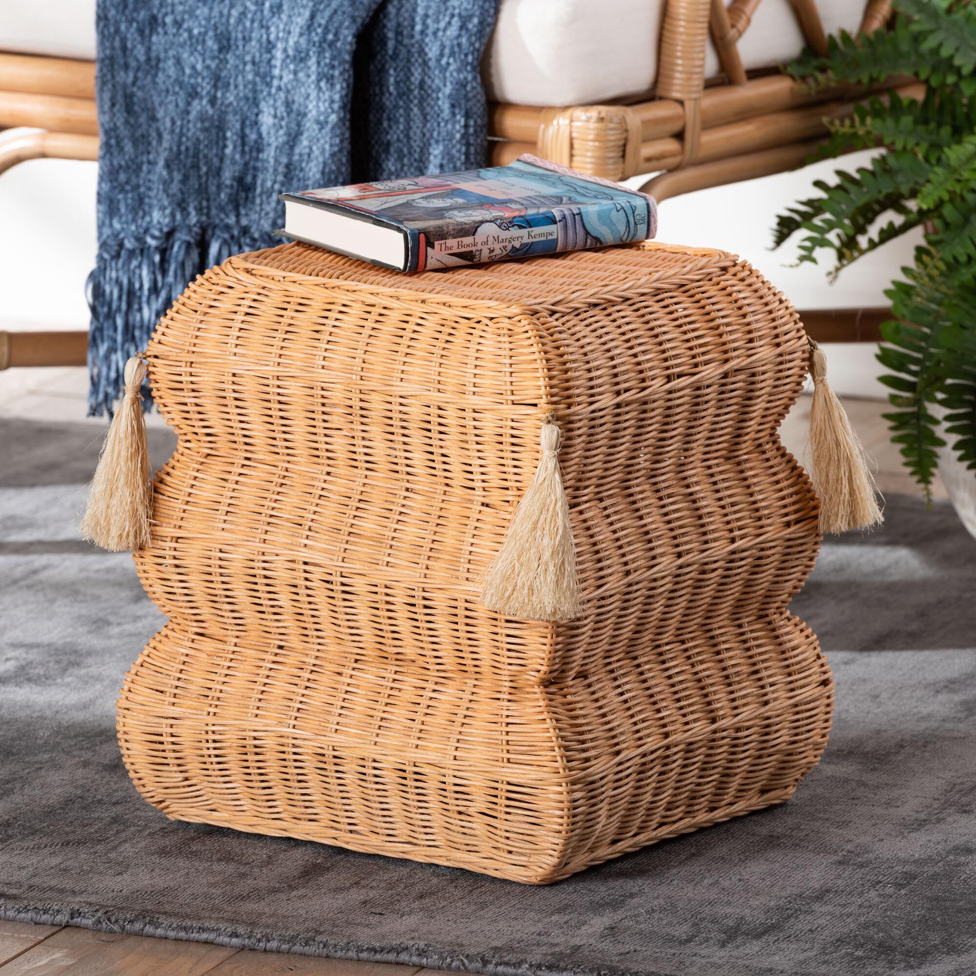 Noura Natural Rattan Footstool with Tassel Accents, HONEY, alternate image number 6