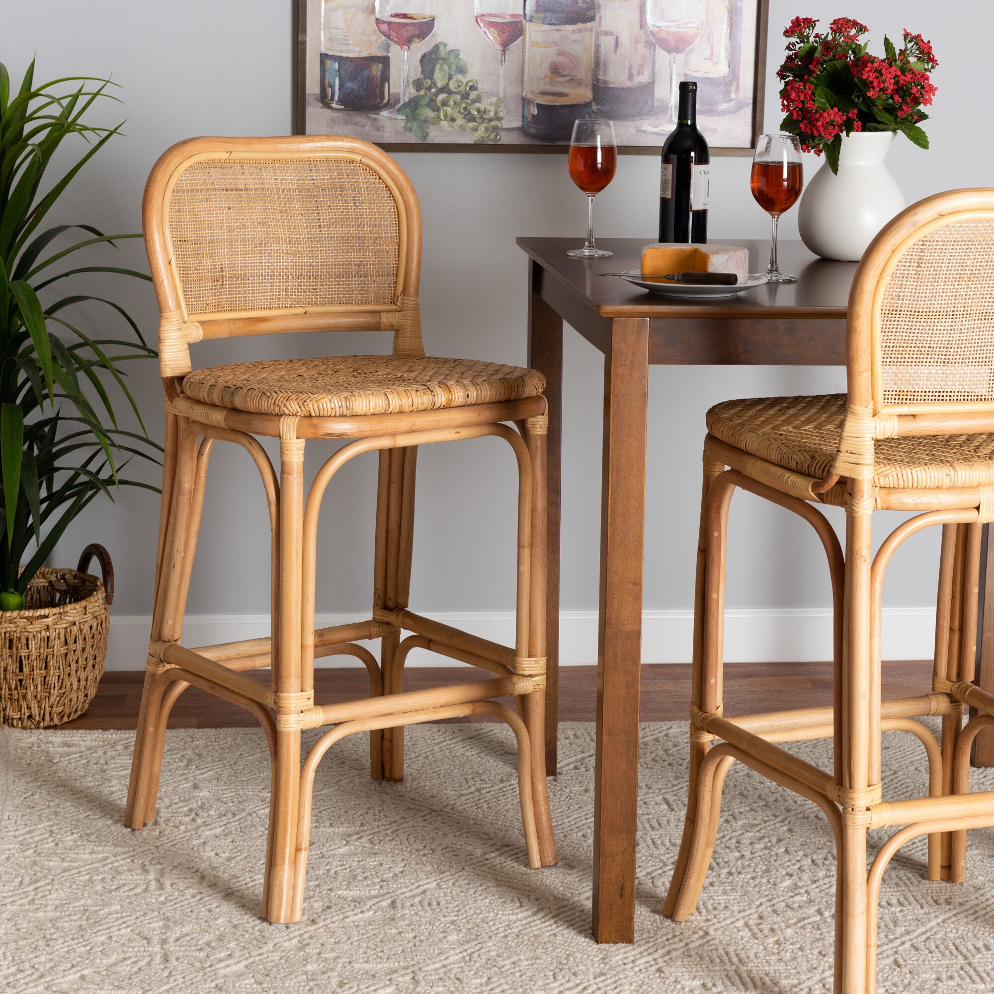 Adrena Modern Bohemian Natural Brown Rattan Bar Stool, NATURAL BROWN, hi-res image number 0
