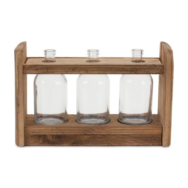 Triple Vase in Holder 15 inchesL x 9.75 inchesH Wood/Glass, BROWN, alternate image number null