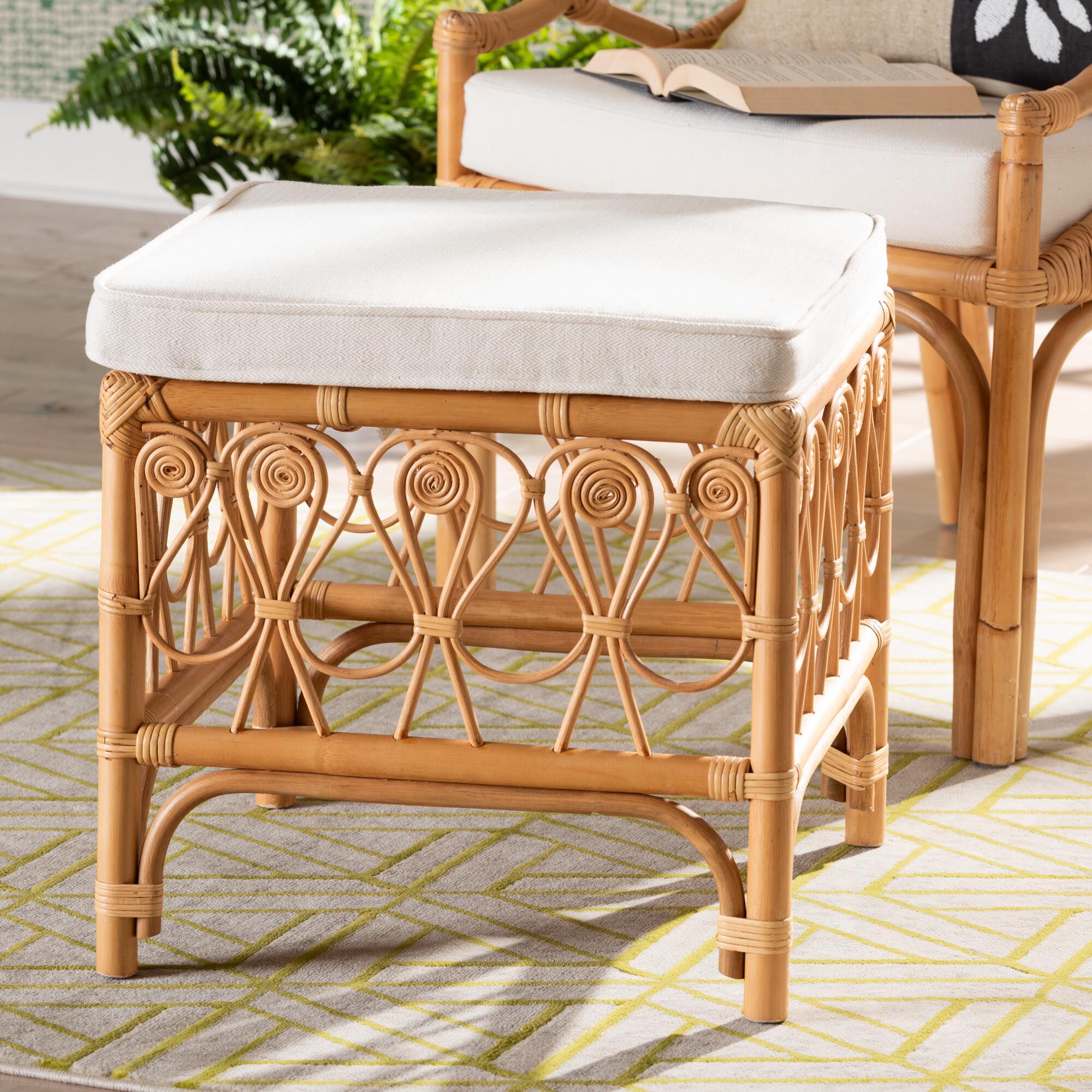 Ibiza Modern bohemian Natural Brown Rattan Footstool, WHITE, alternate image number 7