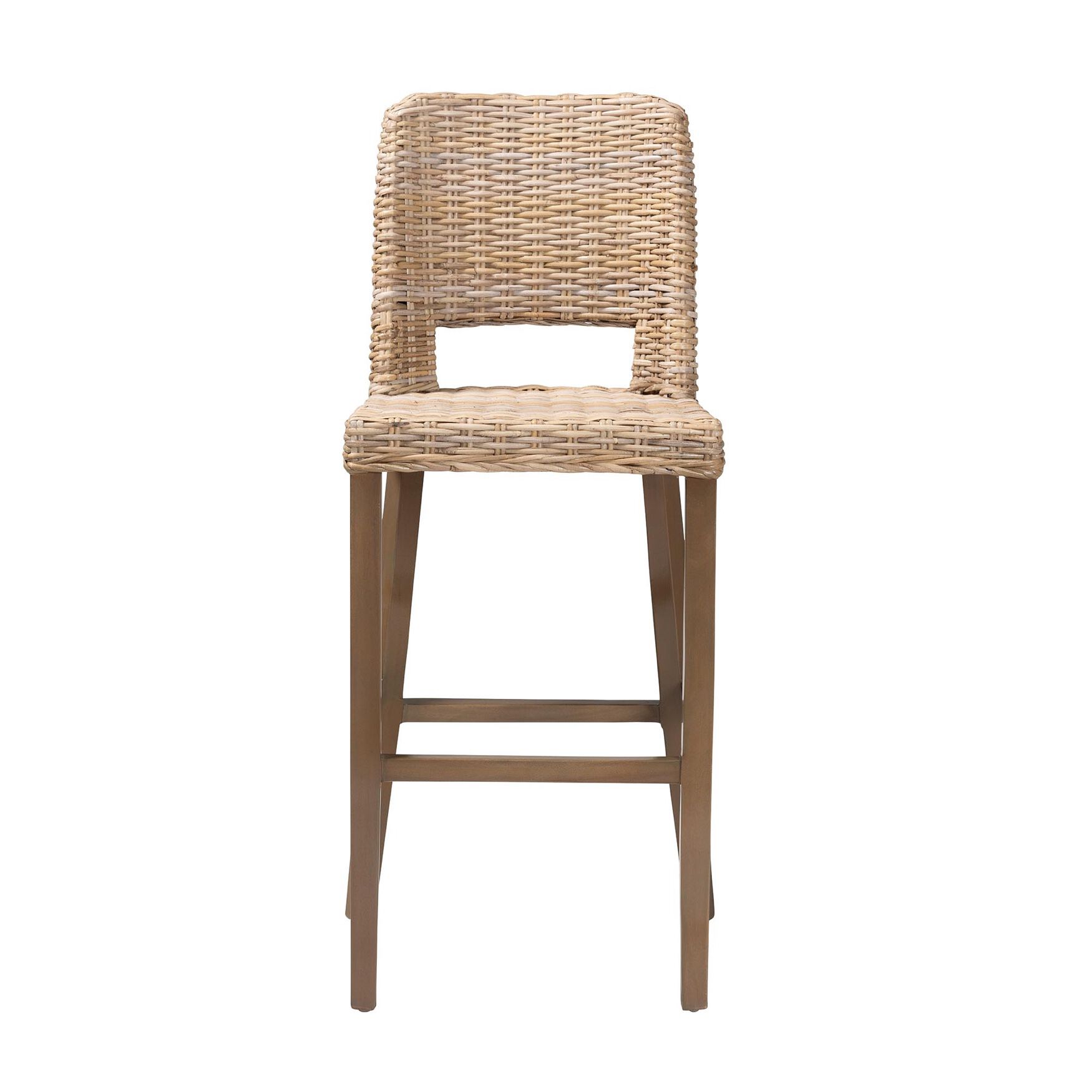 Magy Modern Bohemian Grey Kubu Rattan and Mahogany Wood Bar Stool, , on-hover image number 1