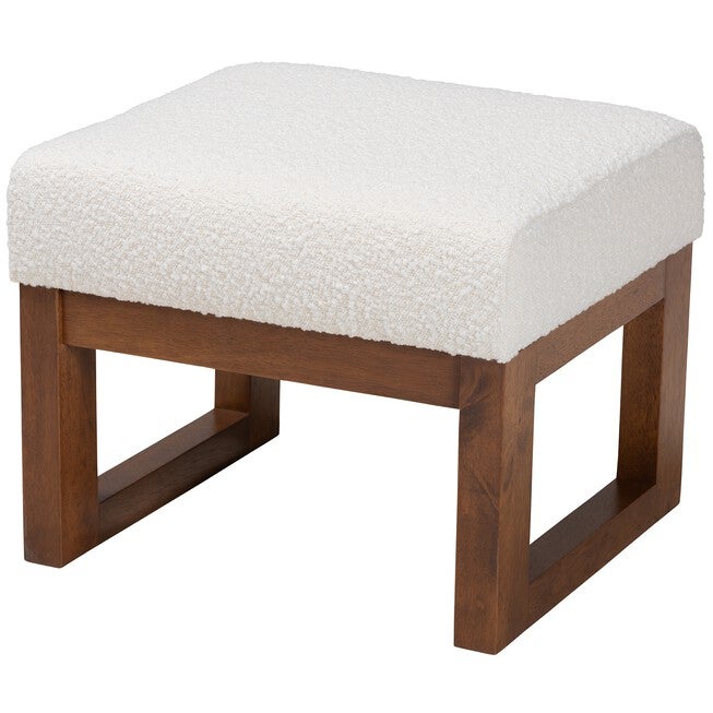 Yashiya Mid-Century Modern Off-White Boucle Upholstered And Walnut Brown Finished Wood Ottoman Footstool, OFF WHITE WALNUT BROWN, hi-res image number null