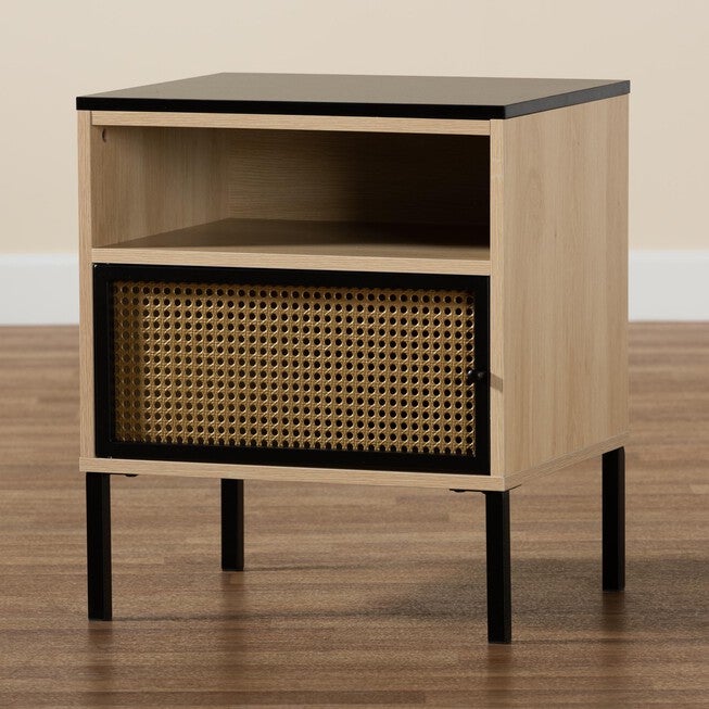 Felton Mid-Century Modern Two-Tone Black And Gold Metal And Light Brown Finished Wood 1-Door End Table, , alternate image number null