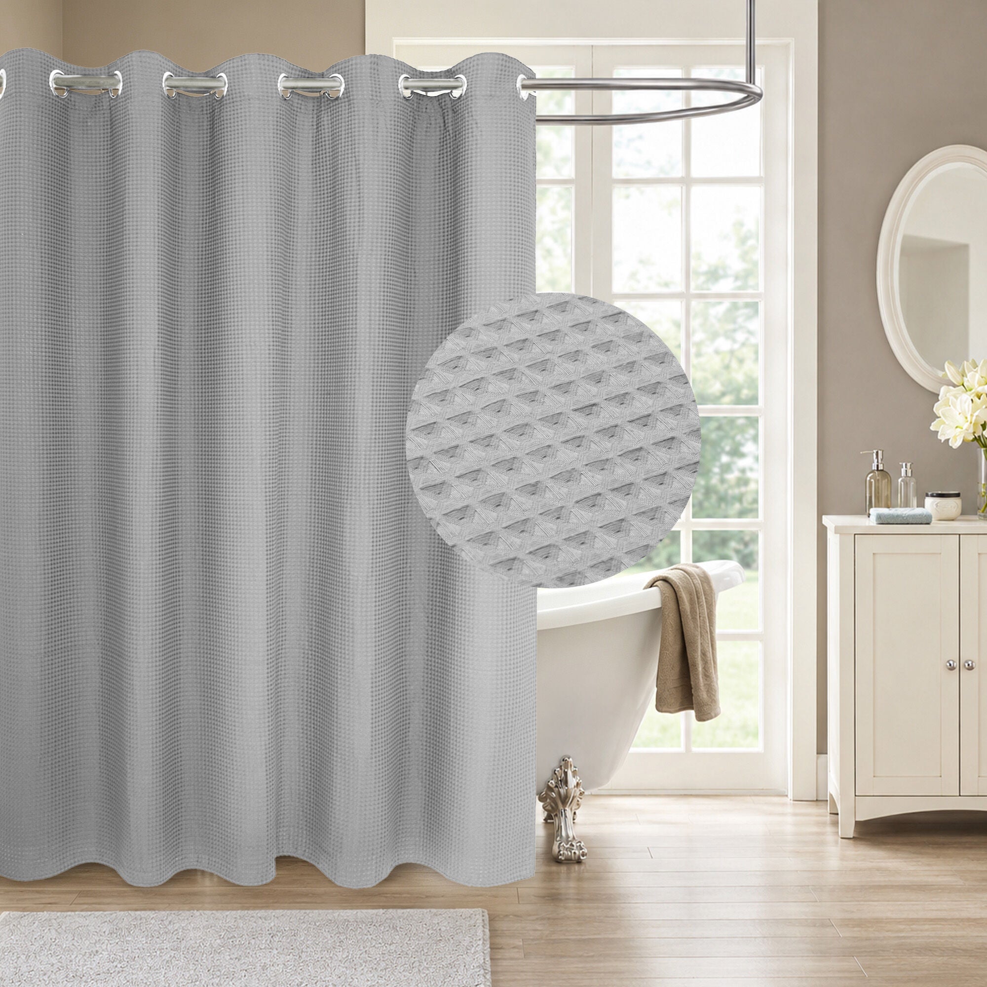 No Hook Cotton Blend Waffle Woven Shower Curtain with Snap-in Liner