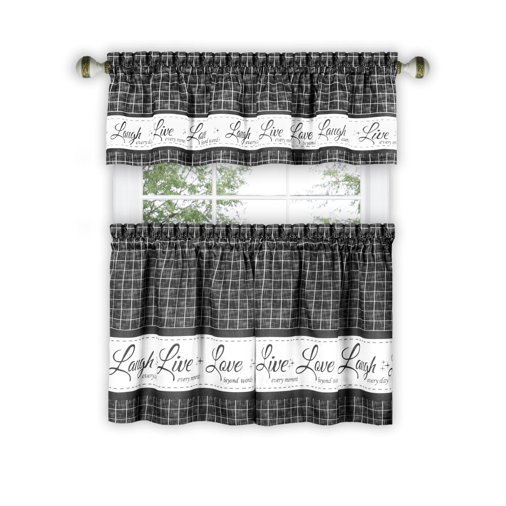 Live, Love, Laugh Window Curtain Tier Pair and Valance Set - 58x24, CHARCOAL, hi-res image number 0