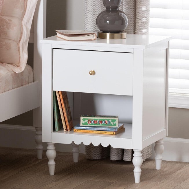 Baxton Studio Roni Modern White Wood 1-Drawer Nightstand with Scalloped Edges, WHITE, hi-res image number 0