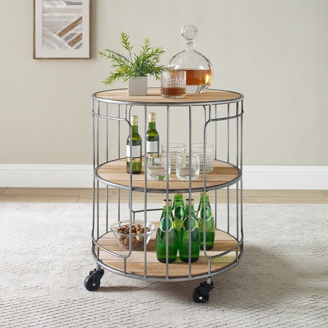 Alessio Three tiered Metal and Wood Rolling Cart, , alternate image number null