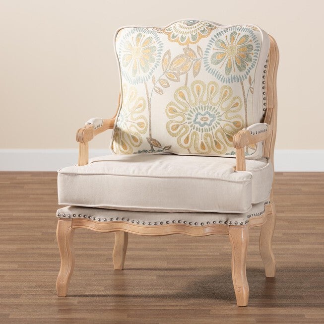 Andre Traditional French Quilted Fabric And Whitewash Finished Wood Accent Chair, , alternate image number null