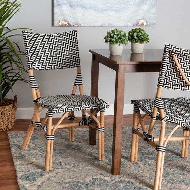Wagner Modern French Black And White Weaving And Natural Rattan Bistro Chair, , alternate image number null