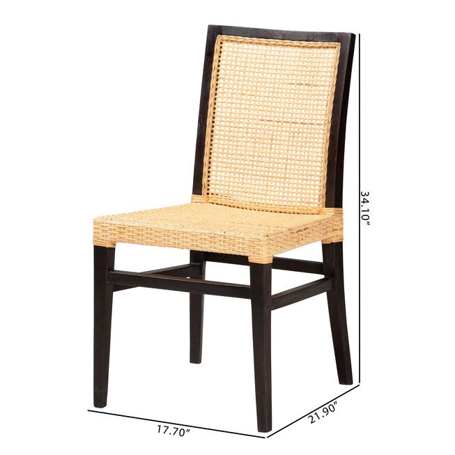 Lingga Modern Bohemian Dark Brown Mahogany Wood And Natural Rattan Dining Chair, , alternate image number null