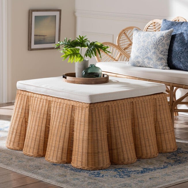 Palm Scallop Natural Rattan Ottoman, 39 inches Square, LIGHT HONEY, hi-res image number null