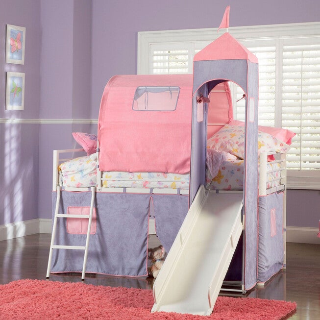 Princess Castle Twin Size Tent Bunk Bed with Slide, WHITE, hi-res image number 0