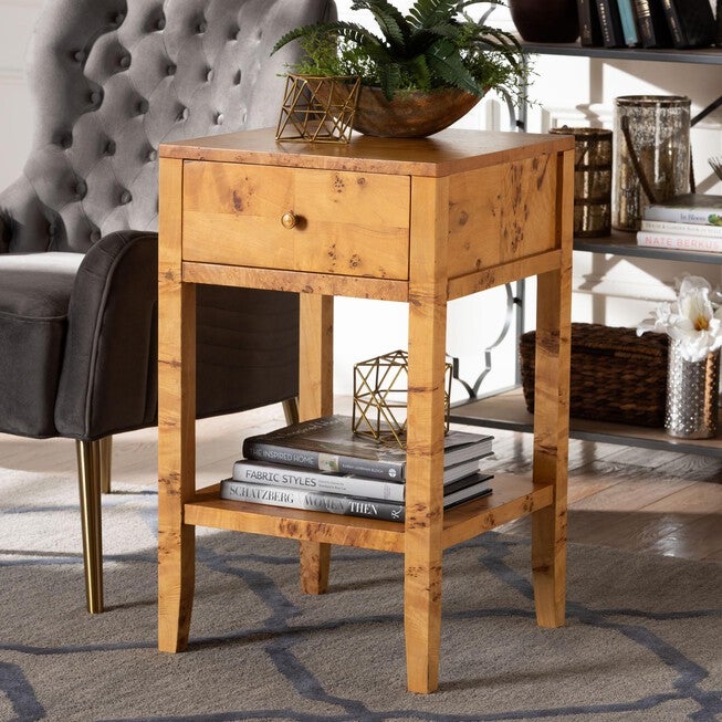 Ghina Modern and Contemporary Natural Light Mappa Real Burl Wood 1-Drawer Nightstand, LIGHT MAPPA BURL, hi-res image number 0