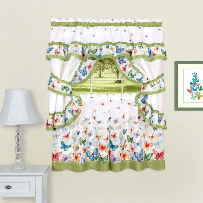 Butterflies Printed Cottage Window Curtain Set, GREEN, hi-res image number 0