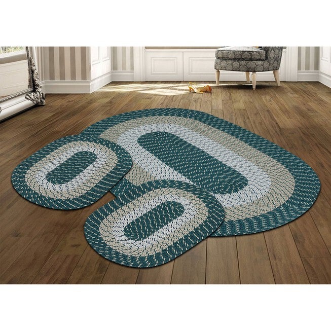 Country Braid Collection 3pc Set Stain Resistant Reversible Indoor Oval Area Rug, HUNTER STRIPE, hi-res image number 0
