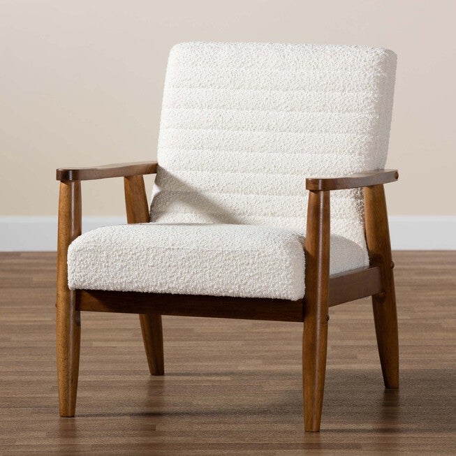 Stratton Mid-Century Modern Cream Boucle Fabric And Walnut Brown Finished Wood Armchair, , alternate image number 7