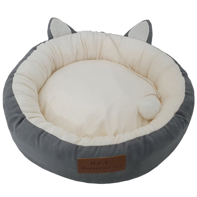 GREY poly-cotton cozy round cat bed , 18 inch, , on-hover image number 1