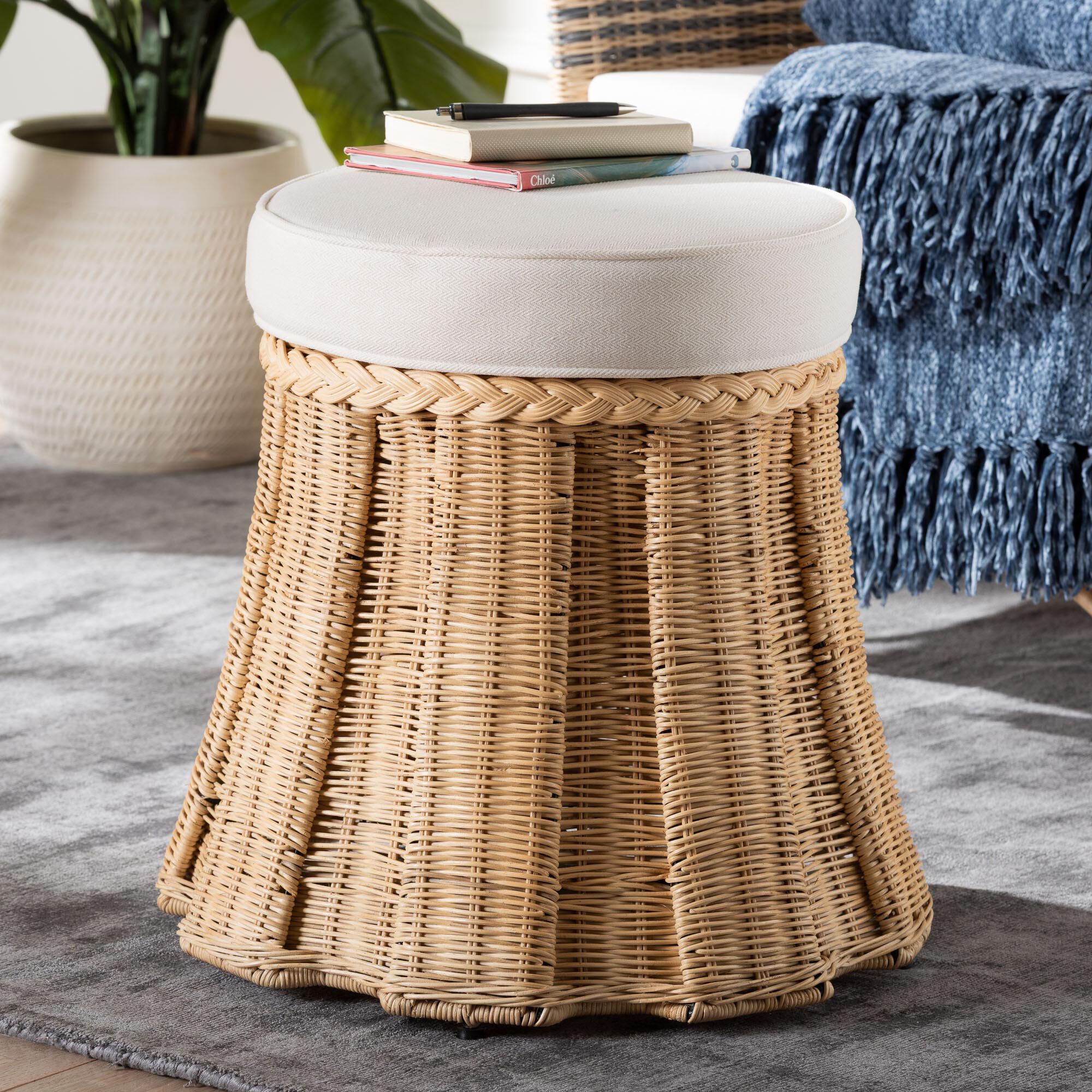 Ying Round Natural Rattan Ottoman with Cushion, BROWN, alternate image number 5
