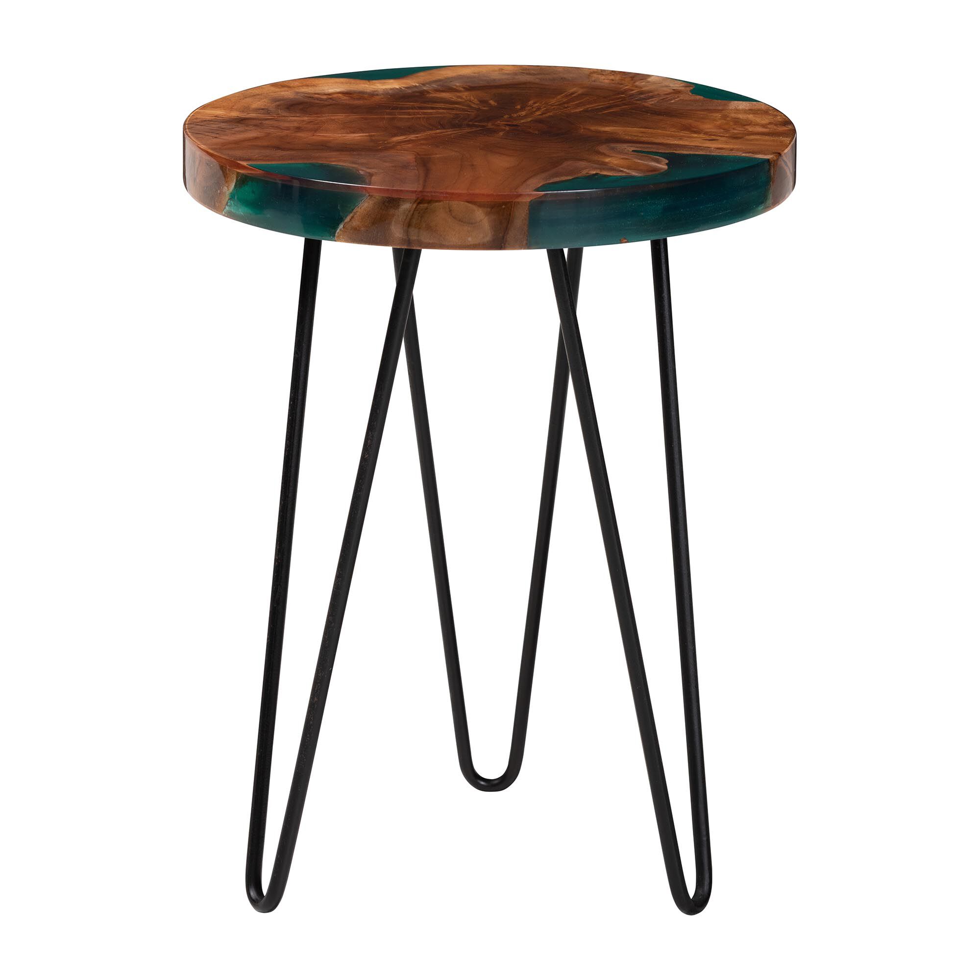 Anan Teak Wood Epoxy Resin End Table, Round, BROWN, alternate image number 1