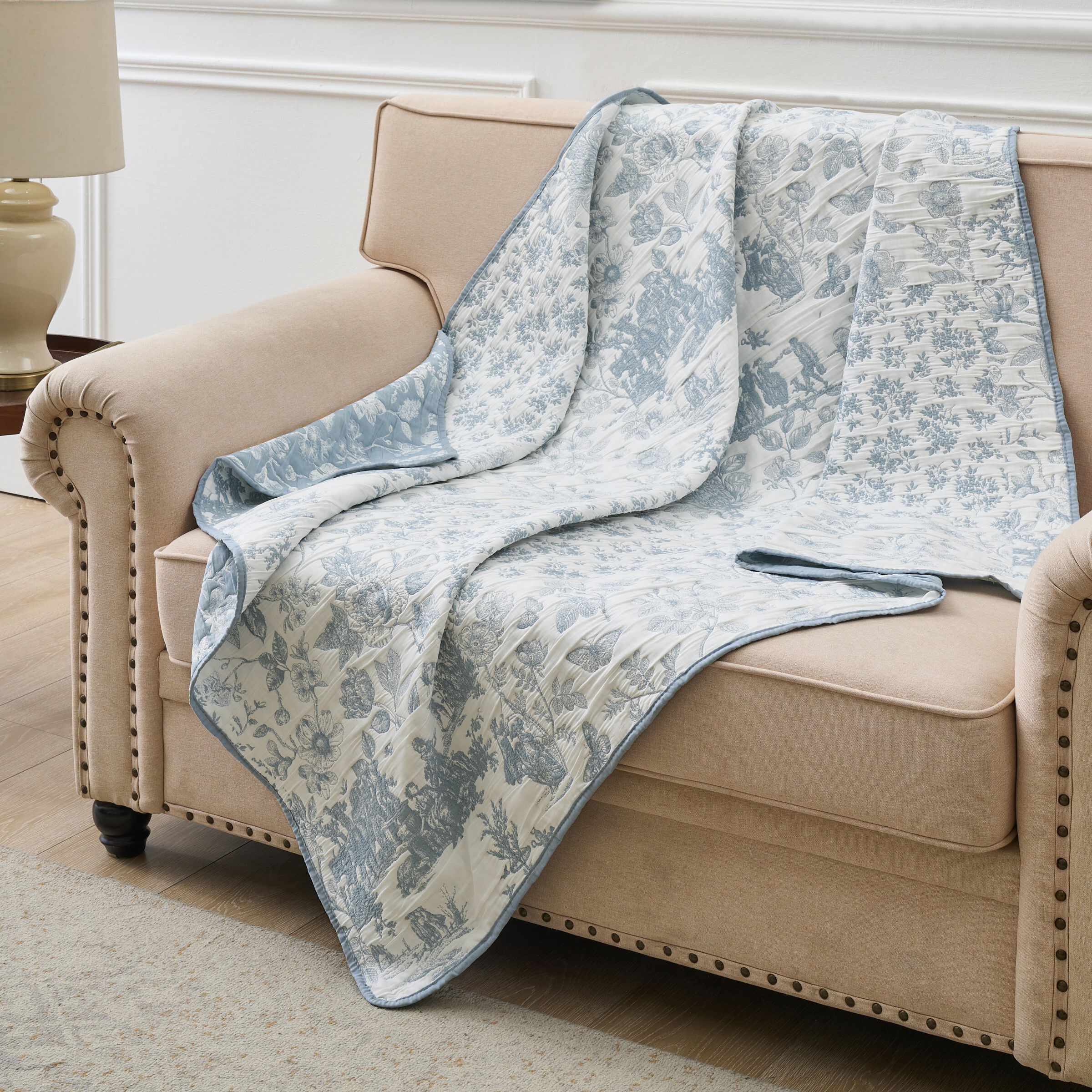 Patchwork Toile Classic Floral Throw Blanket, BLUE, alternate image number 1