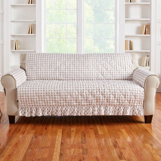 Gingham Ruffled Waterproof Microfiber Sofa Protector, TAUPE WHITE, hi-res image number null