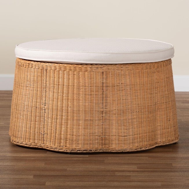 Palm Scallop Natural Rattan Ottoman, 32 inches Round, LIGHT HONEY, alternate image number null