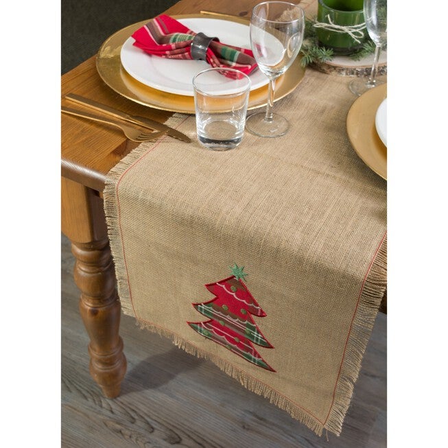 Embroidered Tree Burlap Table Runner, , alternate image number null