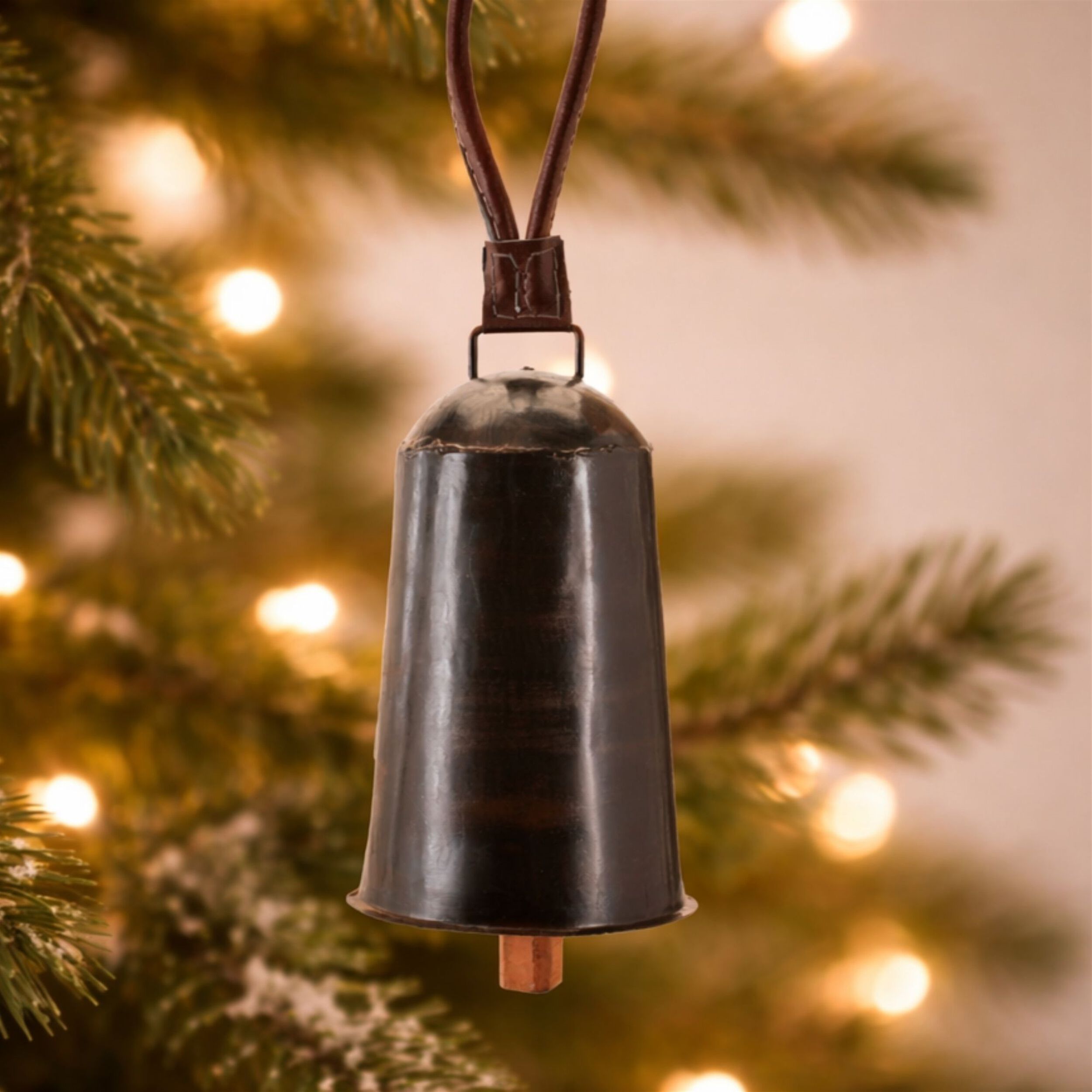 Rustic Iron Hanging Bell with Leather Strap (Set of 2), BLACK BROWN, alternate image number 1