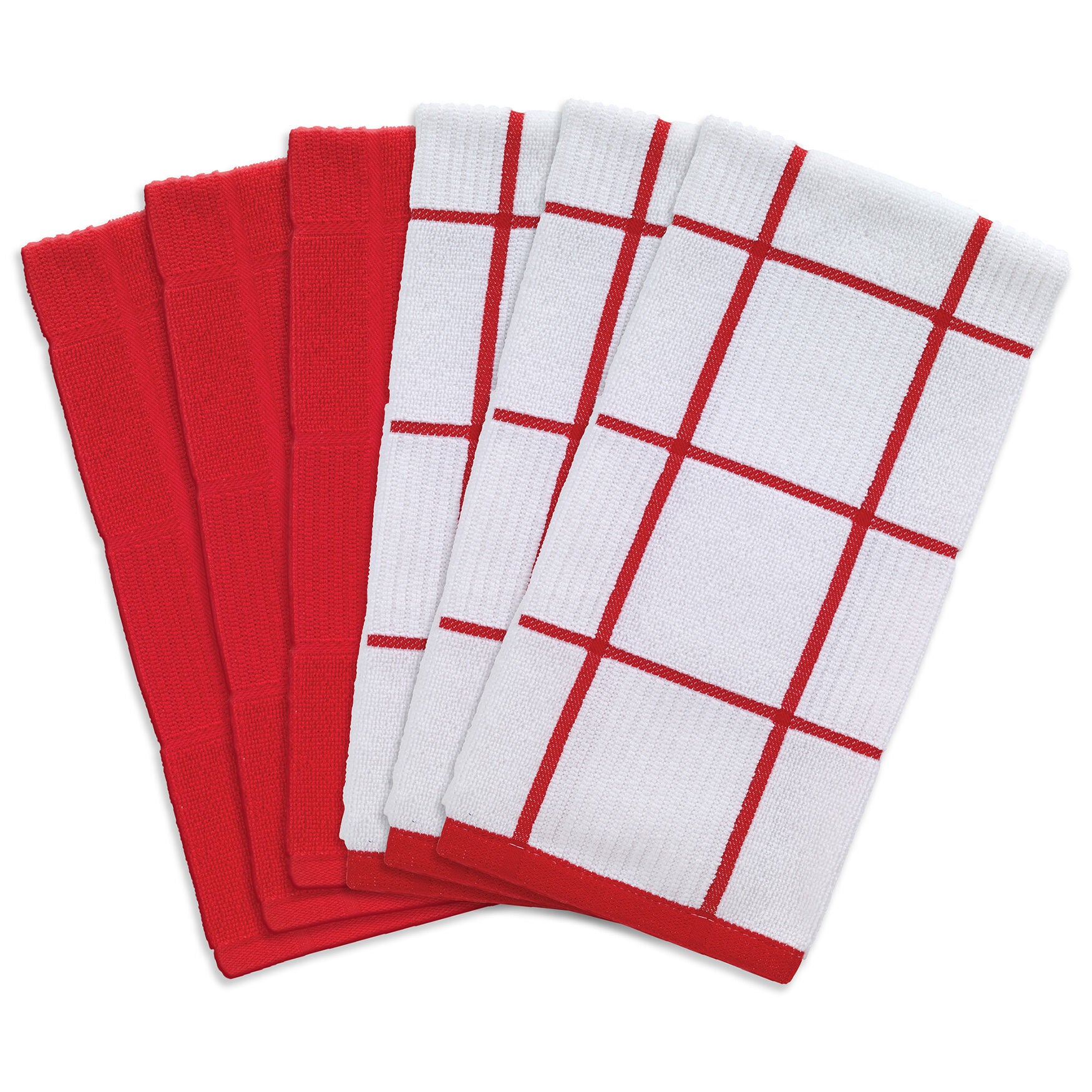 Solid And Check Parquet Kitchen Towel, Six Pack, RED, hi-res image number 0