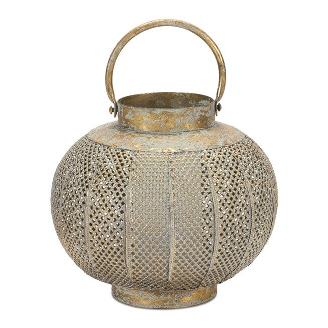 Distressed Punched Metal Lantern 8.5 inchesD, COPPER/GREEN, hi-res image number null