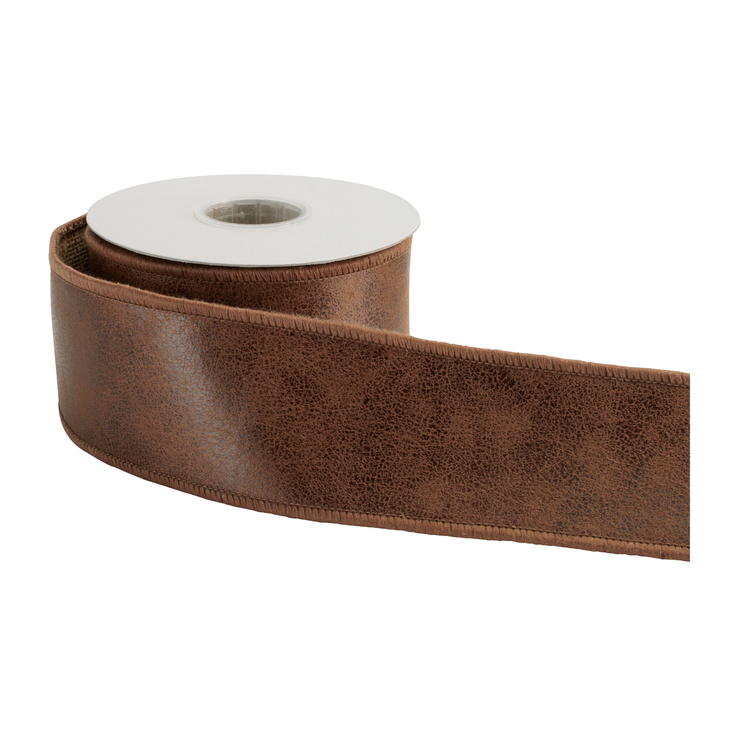 Distressed Faux Leather Wired Ribbon 2.5 inches x 5 Yds., BROWN, alternate image number 1