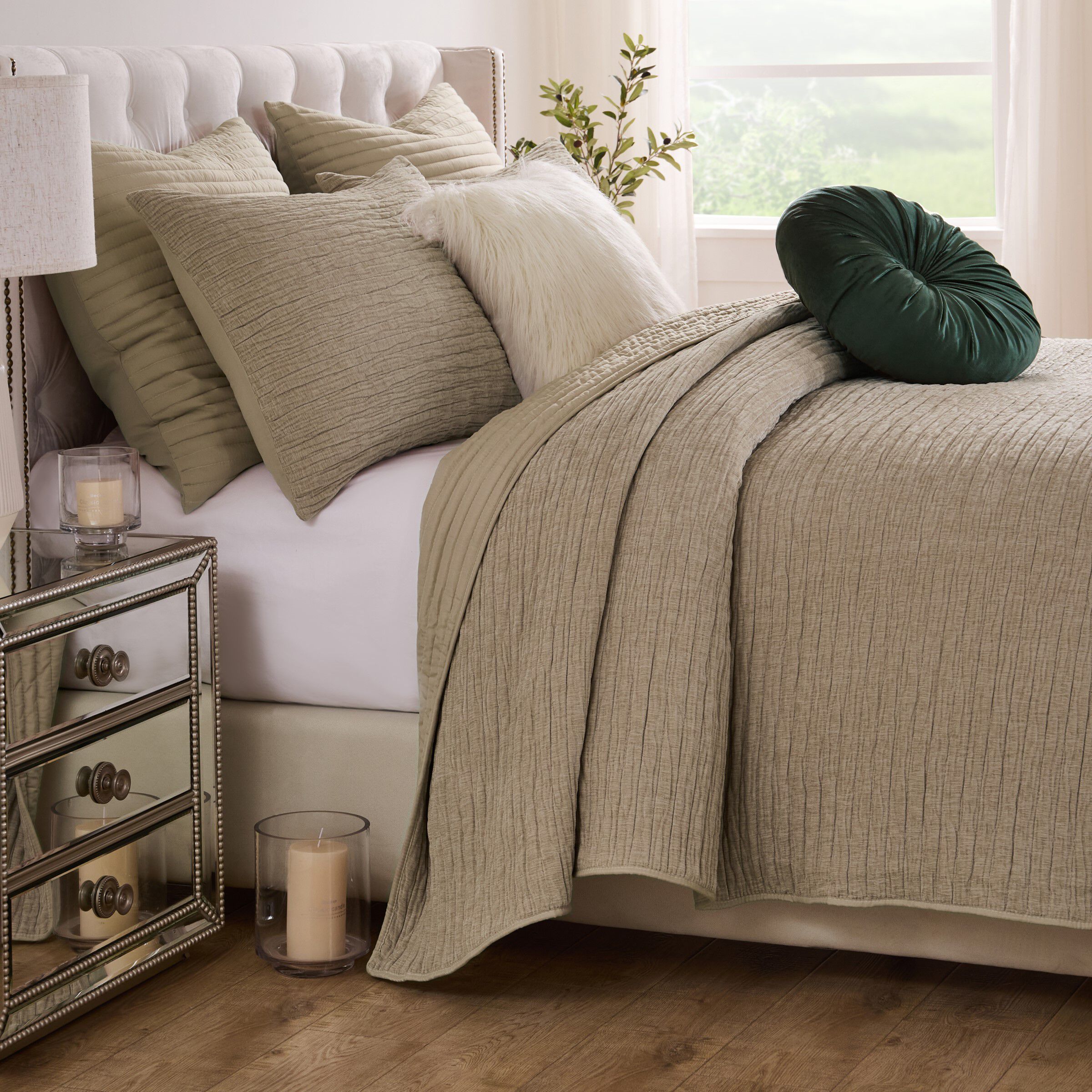 Velvet Crush Textured Finely Stitched Quilt Set, KHAKI, hi-res image number 0