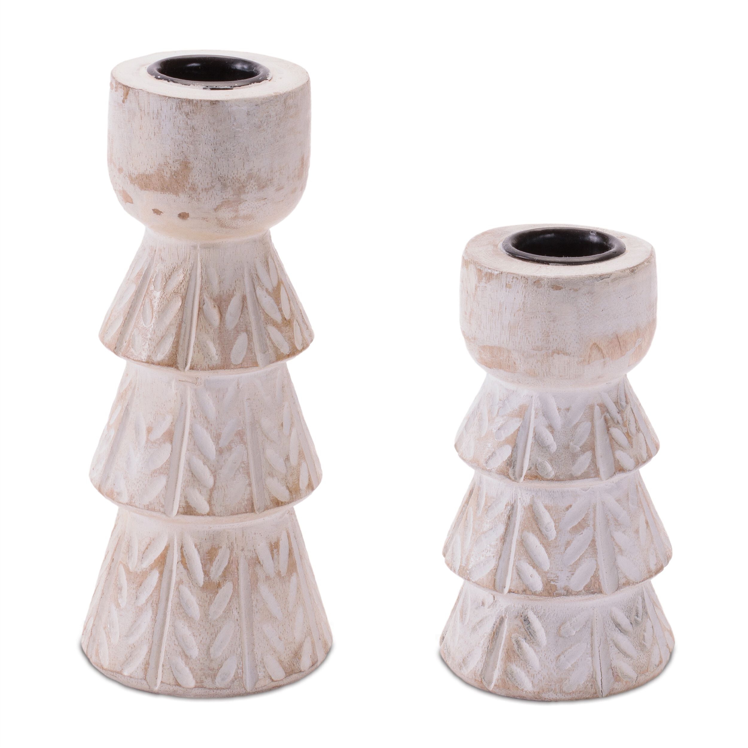 White Washed Wood Taper Candle Holder (Set of 2), WHITE BROWN, hi-res image number 0