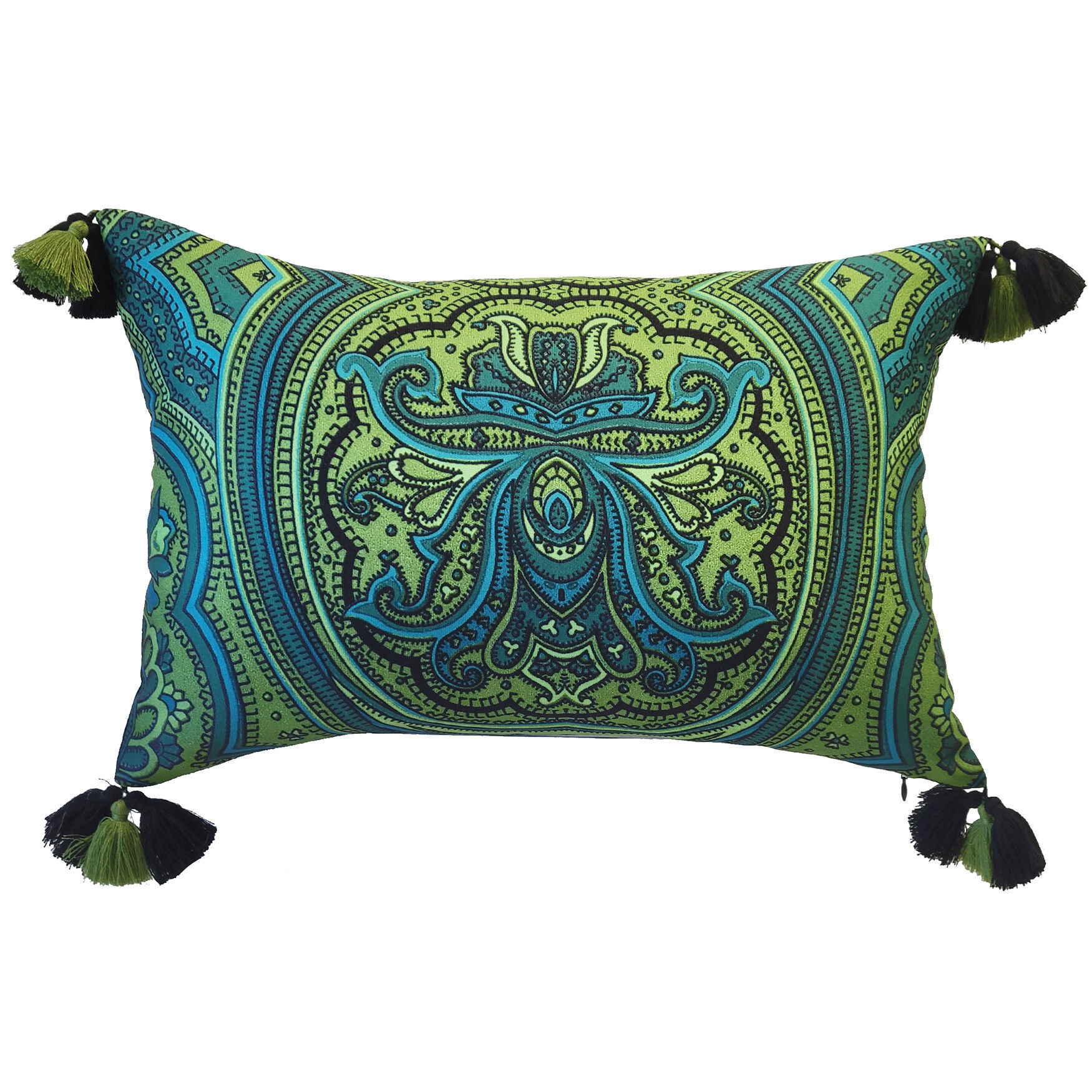 Indoor/Outdoor Arabesque Watercolor Paisley Decorative Throw Pillow 14X21, Green Multi