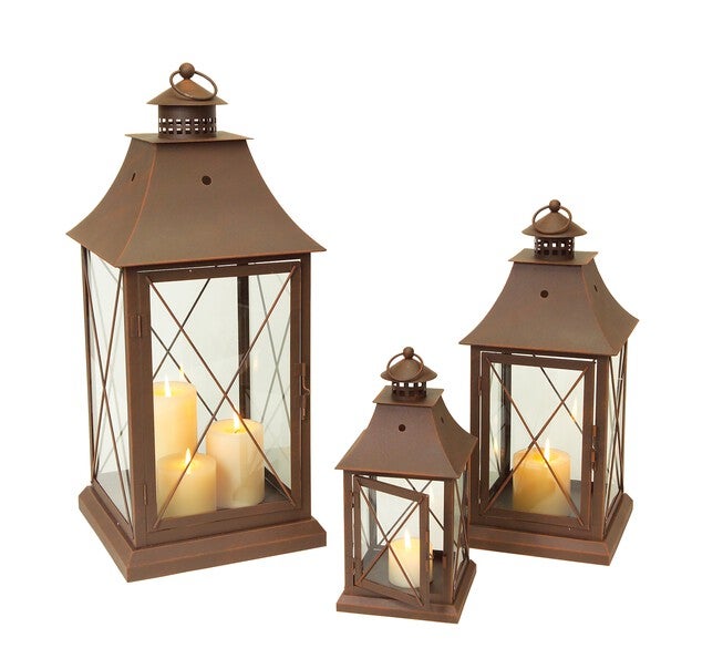 Lantern (Set of 3) 11.5 inches, 17 inches, 24 inchesH Metal/Glass, BROWN, hi-res image number null
