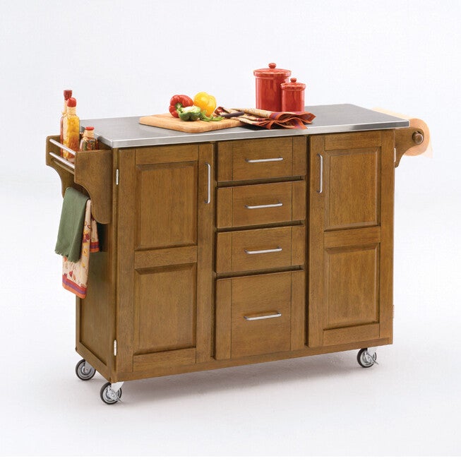 Large Cottage Oak Finish Create a Cart with Stainless Steel Top, OAK STAINLESS STEEL, hi-res image number 0