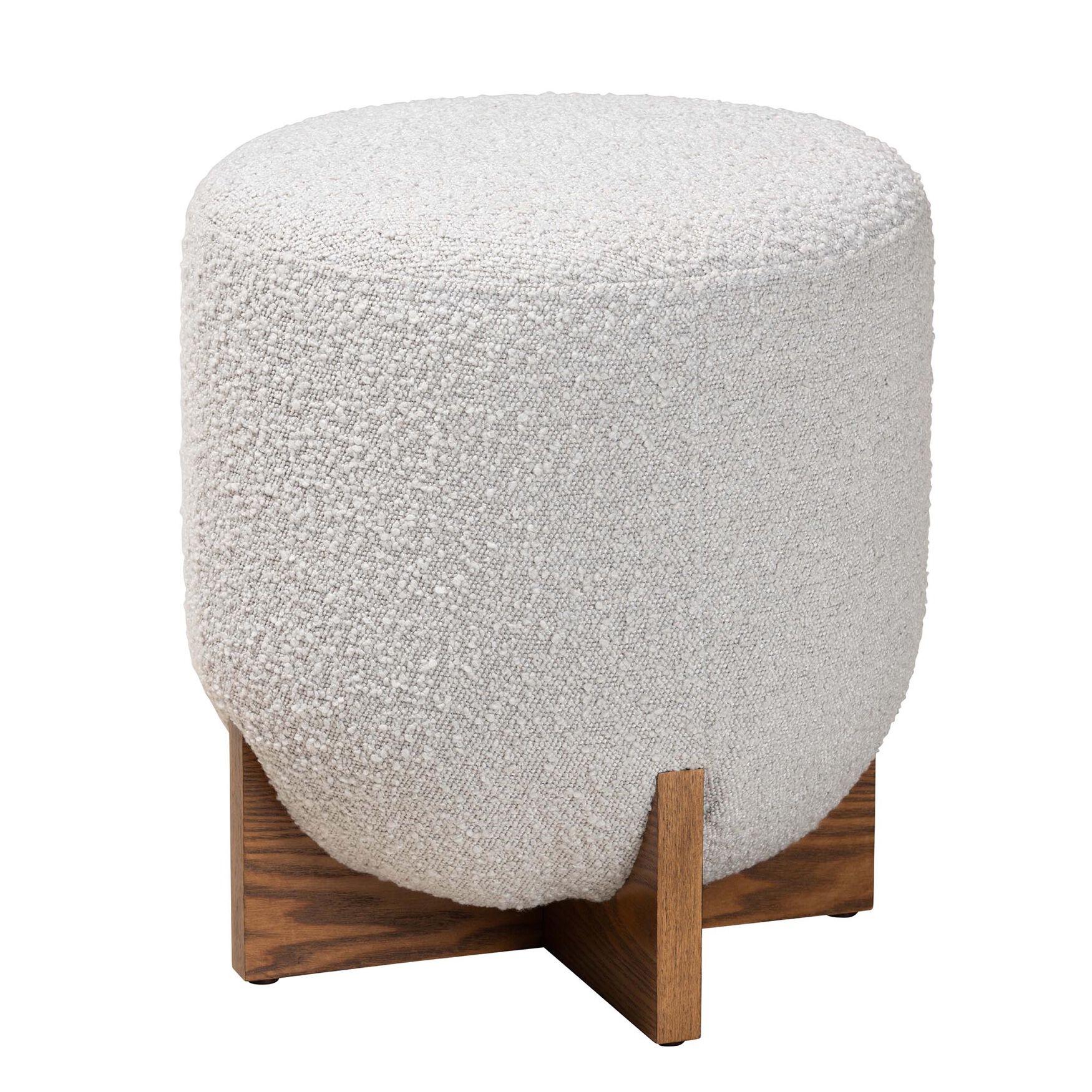 Fisk Japandi Cream Boucle Fabric And Walnut Brown Finished Wood Ottoman Footstool
