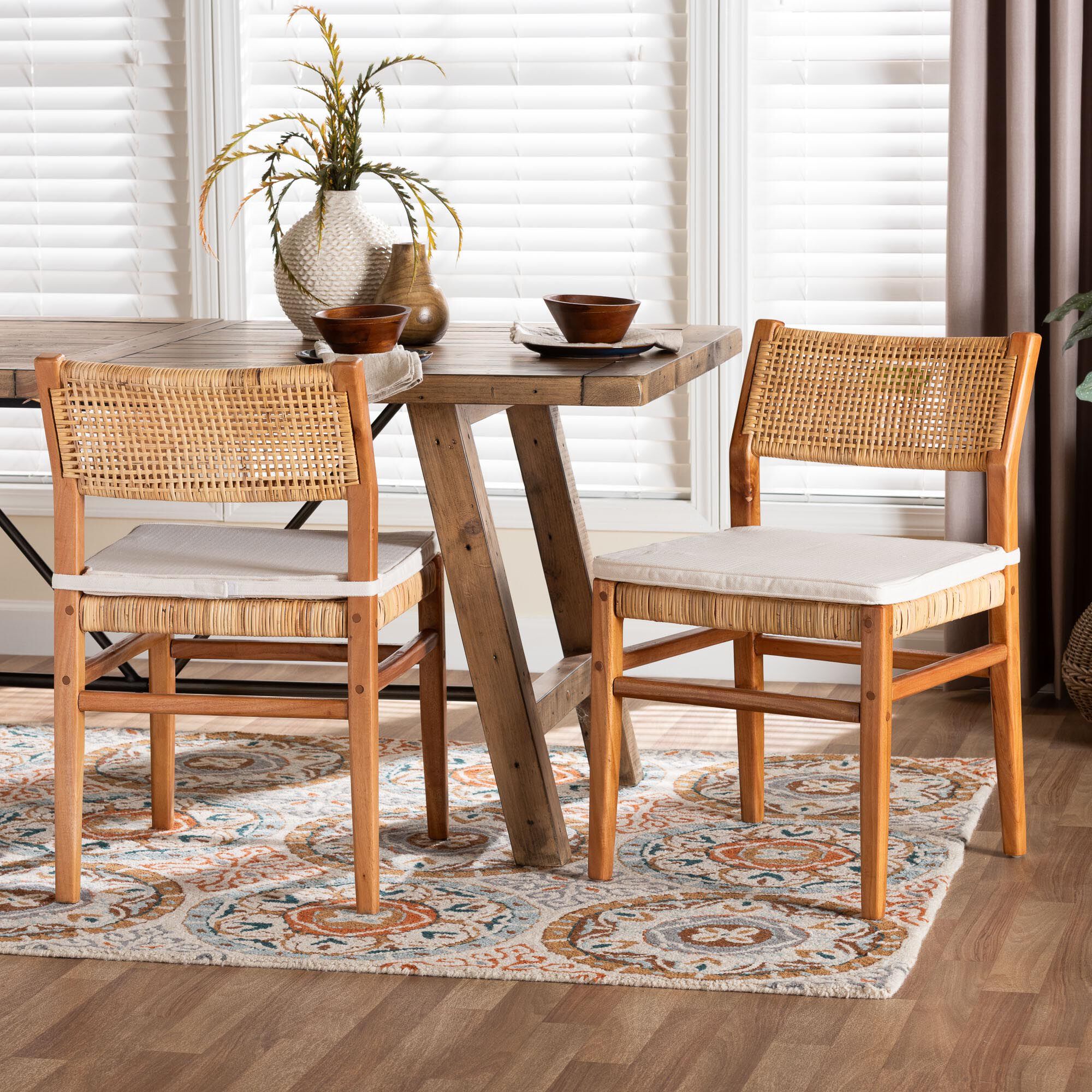 Chatura Natural Rattan and Mahogany Wood 2-Piece Dining Side Chair Set