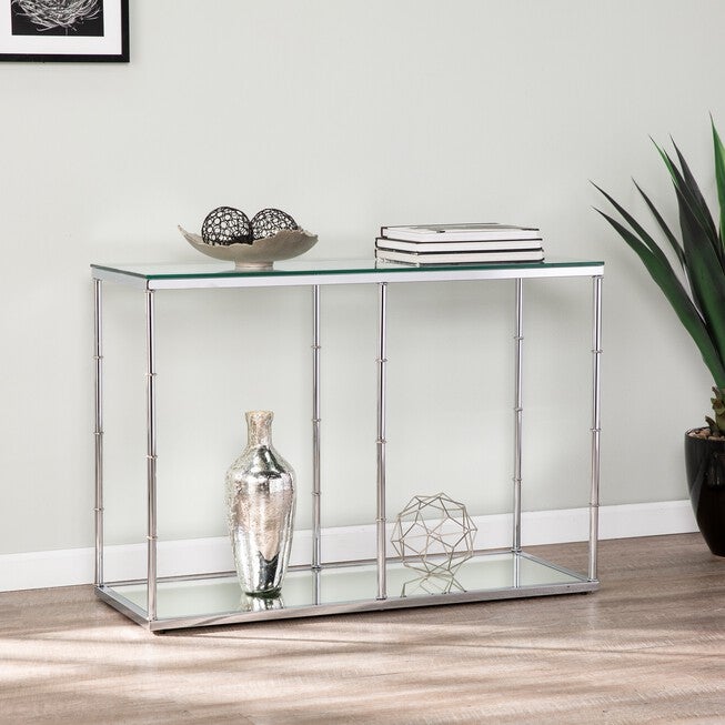 Arbella Glass Console Table with Mirrored Shelf, CHROME, hi-res image number 0