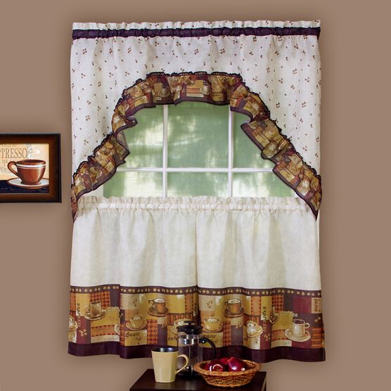 Coffee Printed Tier and Swag Window Curtain Set, MULTI, hi-res image number null